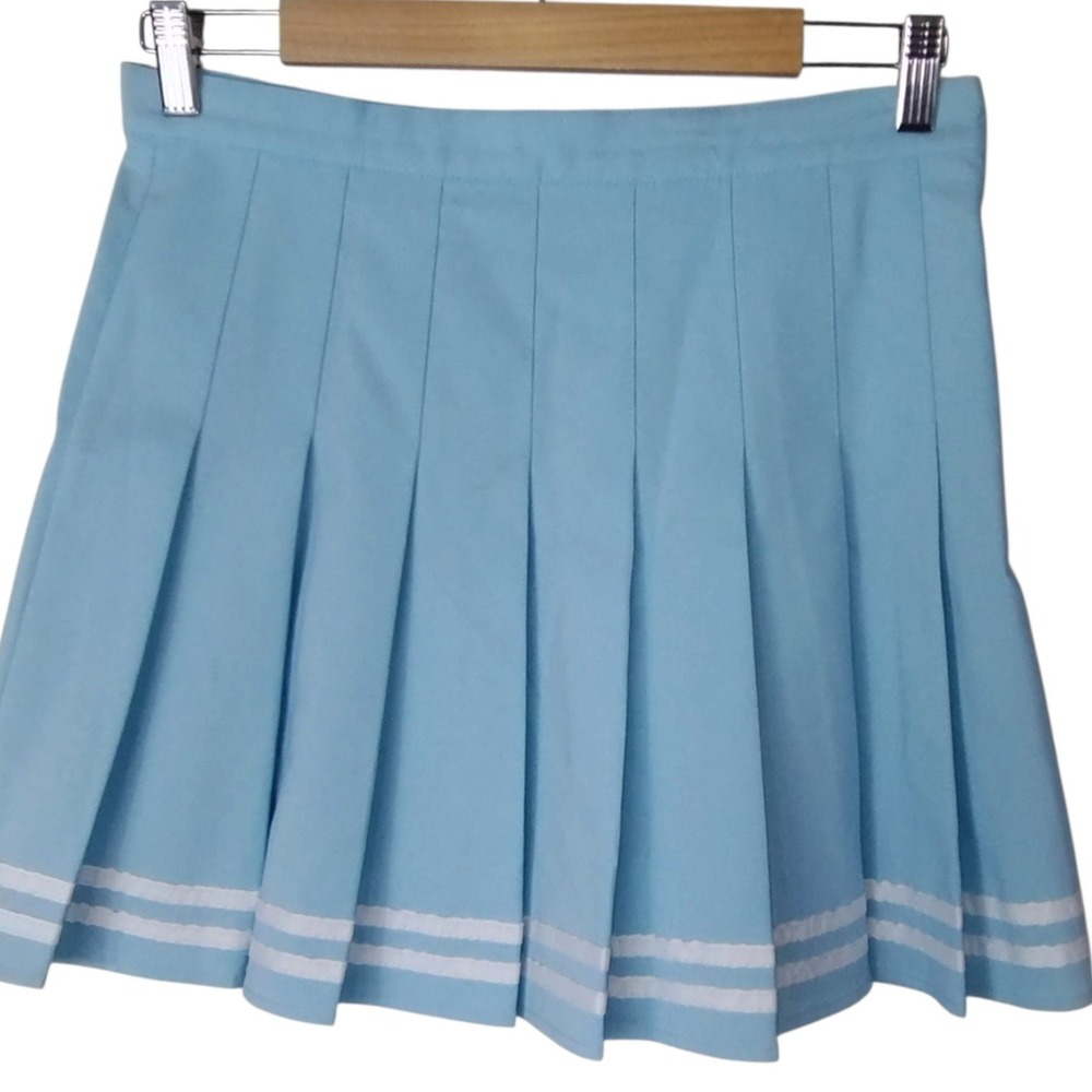Kokopie Baby Blue Pleated Mini Skirt White Striped Hem Preppy Tennis Skirt M